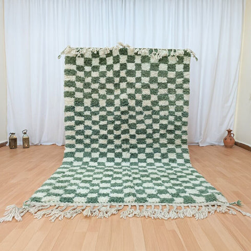 Custom Green & White Checkered Moroccan Berber Wool Rug