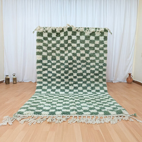 Moroccan Berber Rug – Green & White Checkered Wool Rug