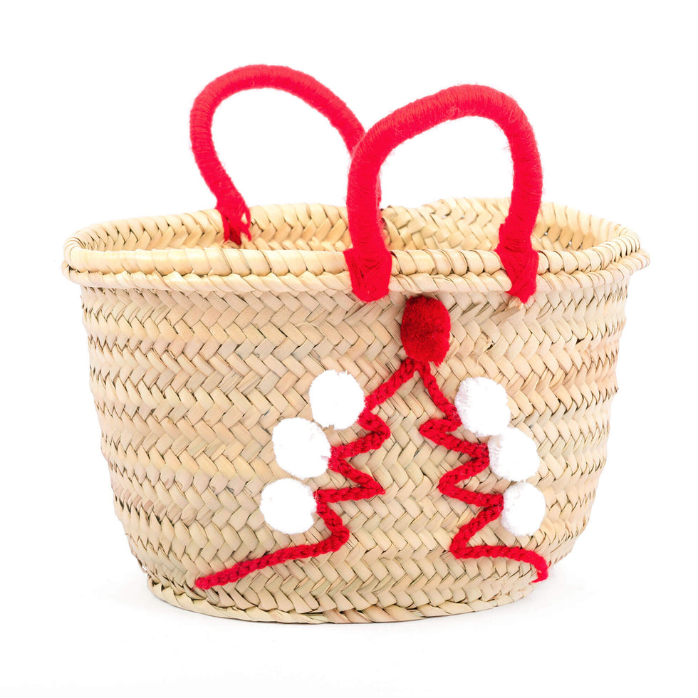 Christmas Tree Pom-Pom Straw Basket – Medium