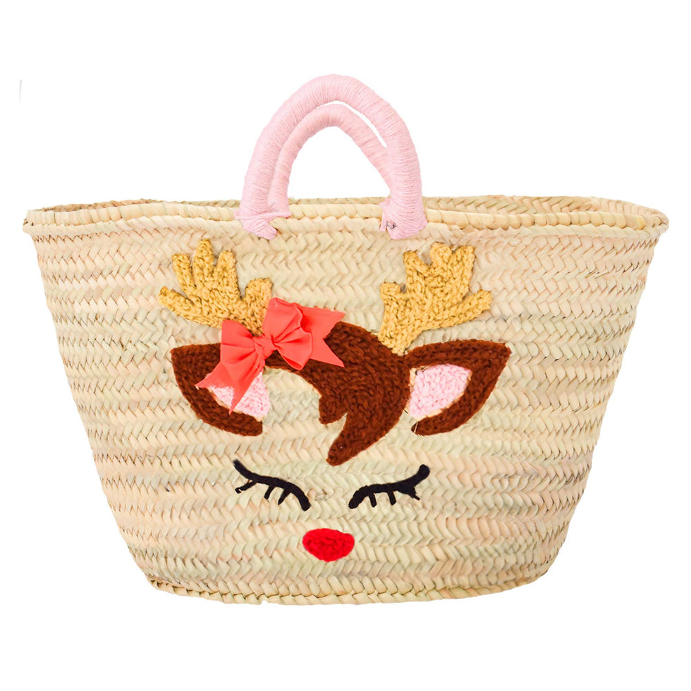 Personalized Reindeer Face Straw Bag – Large
