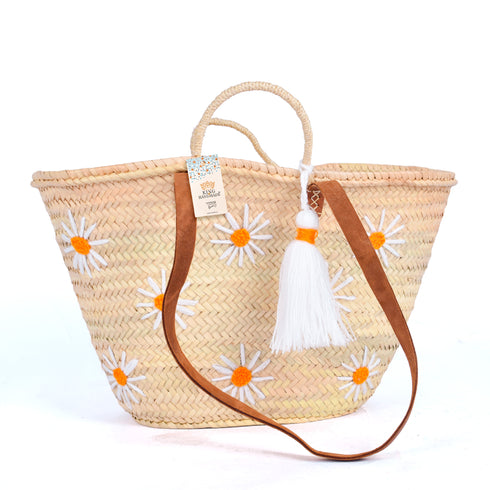 Daisy Straw Basket – Handmade Woven Tote with Leather Handle 🌼