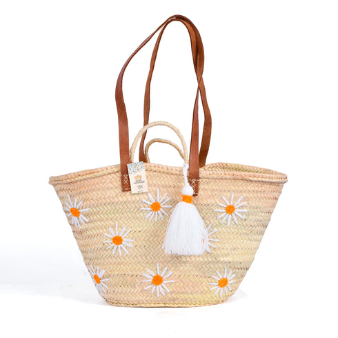 Daisy Straw Basket – Handmade Woven Tote with Leather Handle 🌼
