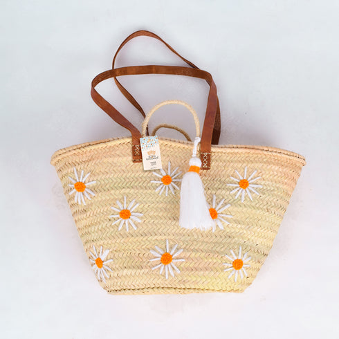 Daisy Straw Basket – Handmade Woven Tote with Leather Handle 🌼