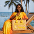 Handwoven Moroccan wicker beach tote with yellow braided handles and Easy Peasy Lemon Squeezy embroidered lemon design summer bag 2