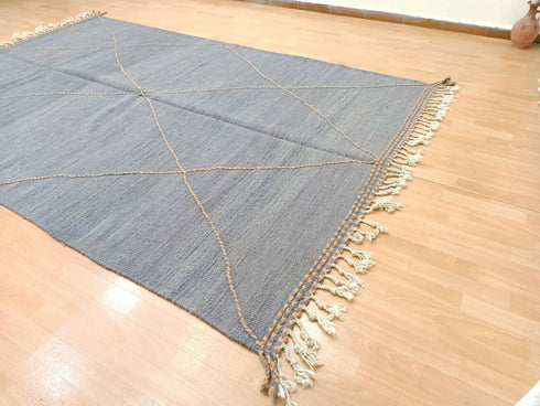Flat Gray Wool Rug - Handmade Moroccan Kilim Carpet