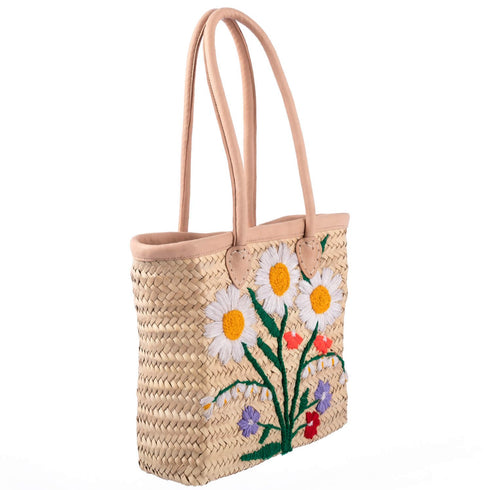 Floral Shoulder Straw Bag with Leather Handle