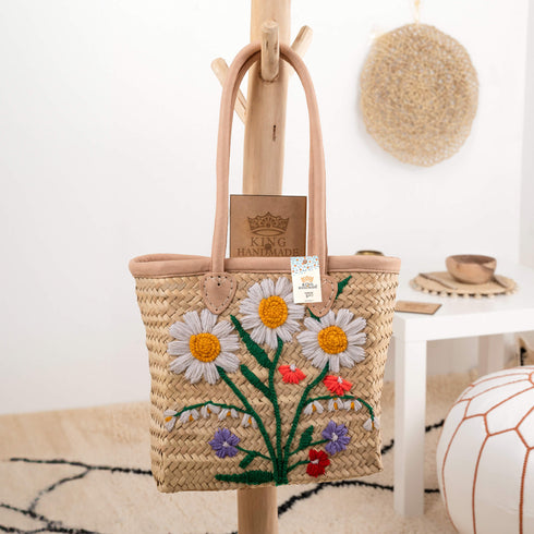 Floral Shoulder Straw Bag with Leather Handle
