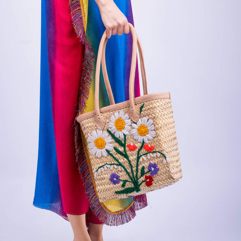 Floral Shoulder Straw Bag with Leather Handle