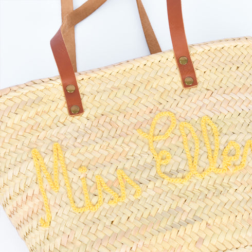 Personalized French-Inspired Straw Basket - Tote with Thin Leather Handles