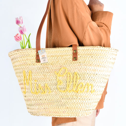 Personalized French-Inspired Straw Basket - Tote with Thin Leather Handles