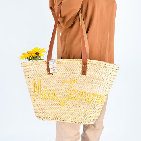 Personalized French-Inspired Straw Basket - Tote with Thin Leather Handles