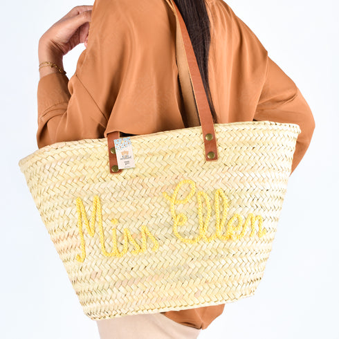 Personalized French-Inspired Straw Basket - Tote with Thin Leather Handles