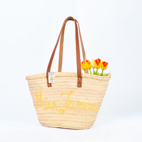 Personalized French-Inspired Straw Basket - Tote with Thin Leather Handles