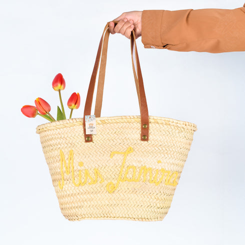 Personalized French-Inspired Straw Basket - Tote with Thin Leather Handles