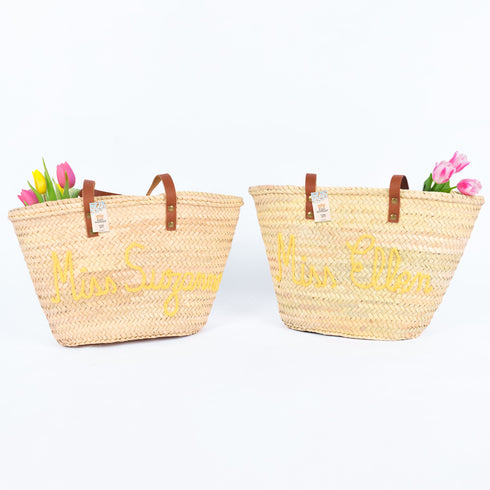 Personalized French-Inspired Straw Basket - Tote with Thin Leather Handles