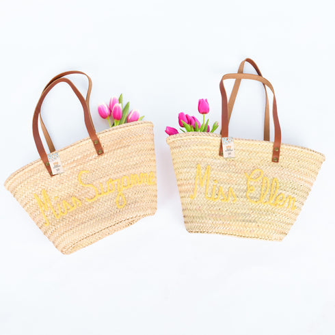 Personalized French-Inspired Straw Basket - Tote with Thin Leather Handles