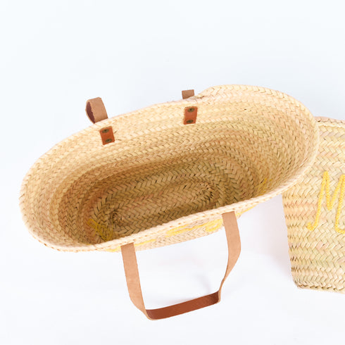 Personalized French-Inspired Straw Basket - Tote with Thin Leather Handles