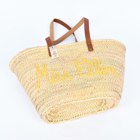 Personalized French-Inspired Straw Basket - Tote with Thin Leather Handles