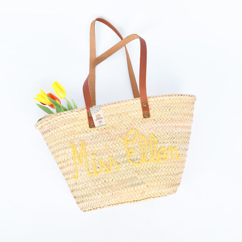 Personalized French-Inspired Straw Basket - Tote with Thin Leather Handles