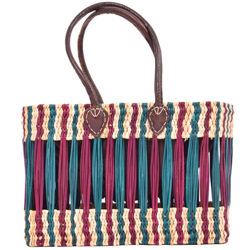 French Basket With Violet Stripe - Handwoven Moroccan Reed, Leather Handles