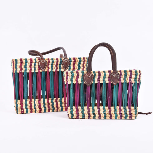French Basket With Violet Stripe - Handwoven Moroccan Reed, Leather Handles