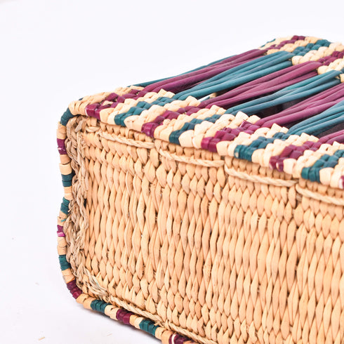 French Basket With Violet Stripe - Handwoven Moroccan Reed, Leather Handles
