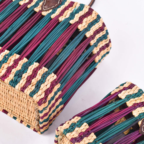 French Basket With Violet Stripe - Handwoven Moroccan Reed, Leather Handles