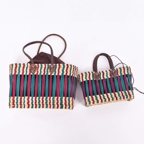 French Basket With Violet Stripe - Handwoven Moroccan Reed, Leather Handles