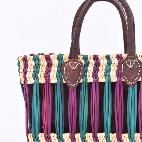 French Basket With Violet Stripe - Handwoven Moroccan Reed, Leather Handles