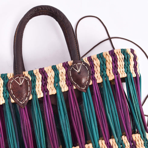 French Basket With Violet Stripe - Handwoven Moroccan Reed, Leather Handles