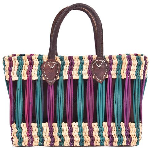 French Basket With Violet Stripe - Handwoven Moroccan Reed, Leather Handles