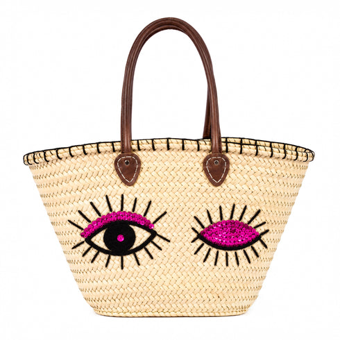 Winky Eyes Sequin Straw Basket Bag | Leather Handle Tote