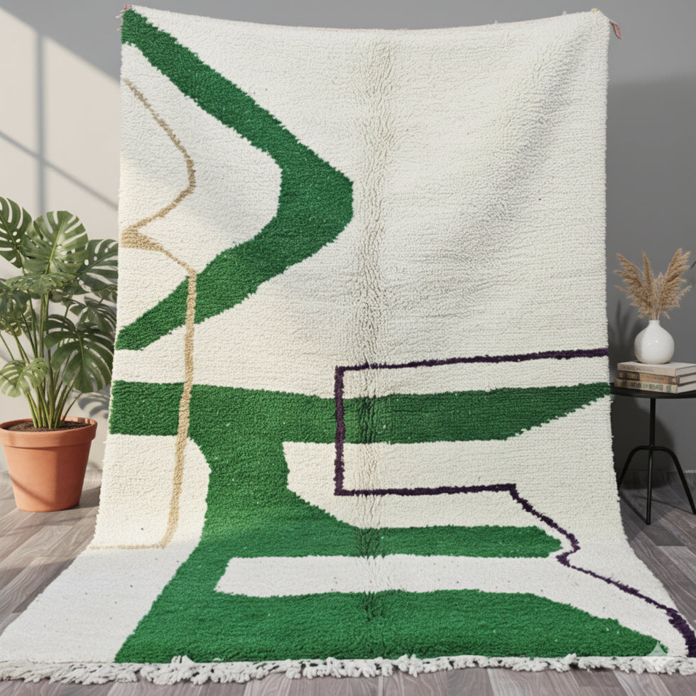Beni Ourain Rug – Green & Ivory Geometric Wool Area Rug