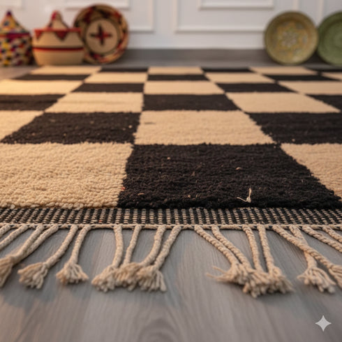 Moroccan Checker Wool Rug - Black Beige Geometric Berber Carpet