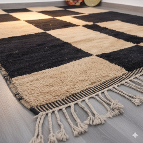 Moroccan Checker Wool Rug - Black Beige Geometric Berber Carpet
