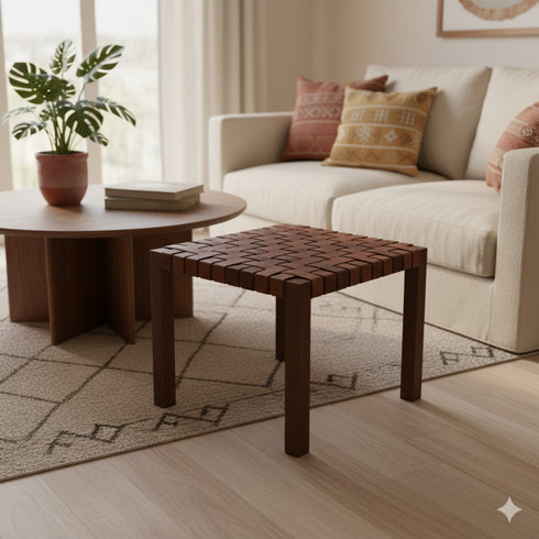 Handmade Moroccan Woven Leather Stool - Handmade boho furniture