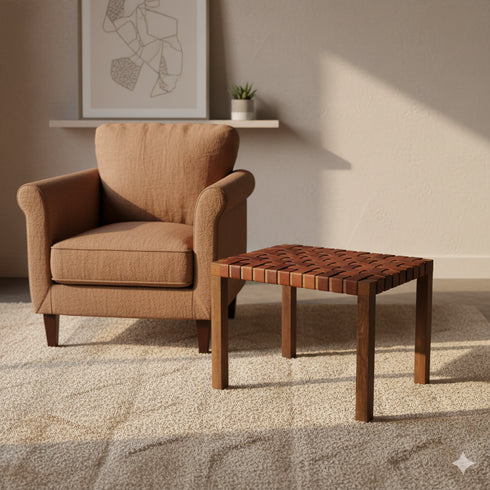 Handmade Moroccan Woven Leather Stool - Handmade boho furniture