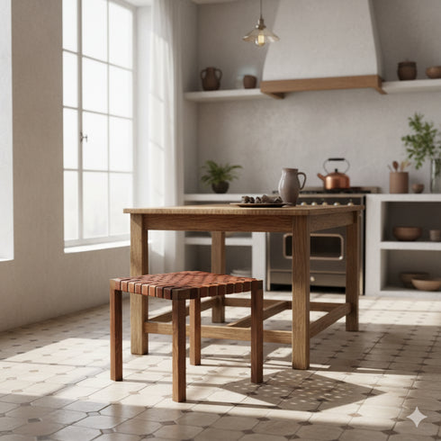 Handmade Moroccan Woven Leather Stool - Handmade boho furniture