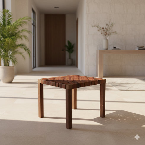Handmade Moroccan Woven Leather Stool - Handmade boho furniture