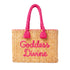 Handwoven Moroccan wicker tote with pink braided handles and Goddess Divine embroidery personalized summer beach bag