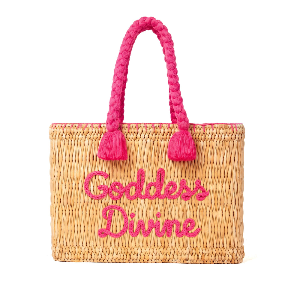 Handwoven Moroccan wicker tote with pink braided handles and Goddess Divine embroidery personalized summer beach bag