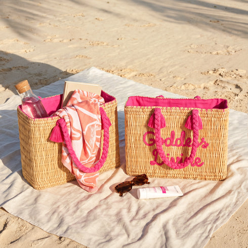Handwoven Moroccan wicker tote with pink braided handles and Goddess Divine embroidery personalized summer beach bag 2