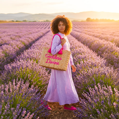 Handwoven Moroccan wicker tote with pink braided handles and Goddess Divine embroidery personalized summer beach bag 5