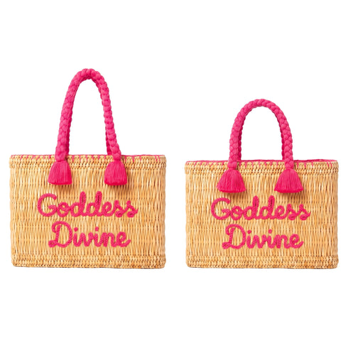 Straw Beach Tote – 'Goddess Divine' Embroidered Bag