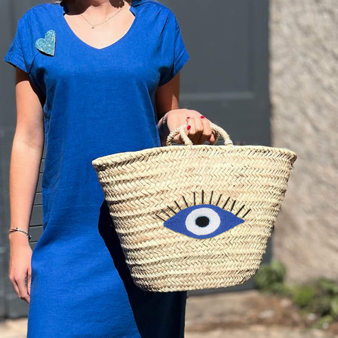 Handcrafted Evil Eye Straw Bag | Large Beach Tote