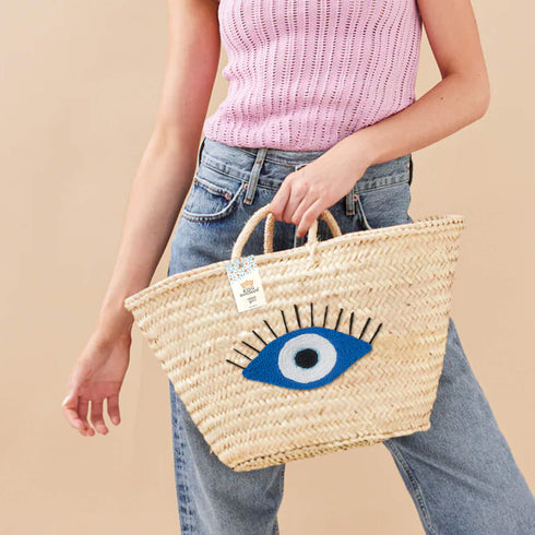 Handcrafted Evil Eye Straw Bag | Large Beach Tote