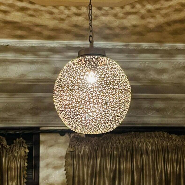 Moroccan Pendant Light – Brass Filigree Openwork Shadow-Casting