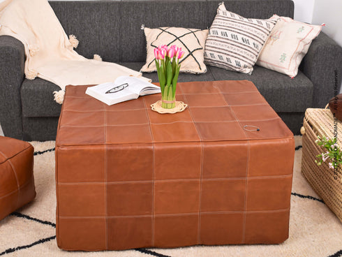 Handcrafted Moroccan Leather Pouf Ottoman - Elegant & Versatile Décor