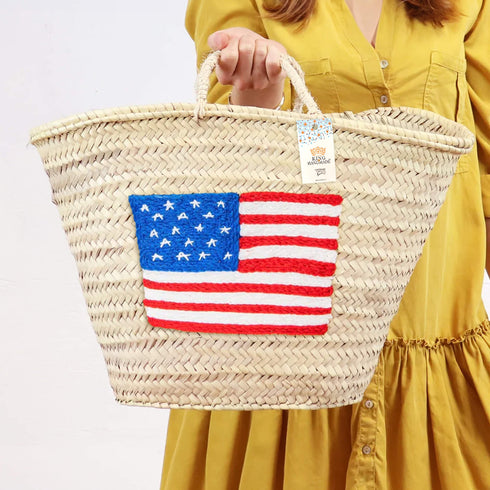 Handcrafted Woven Straw Bag with US Flag – Stylish & Patriotic Tote
