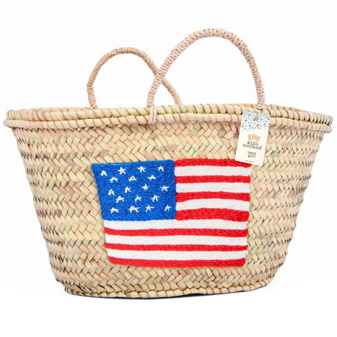 Handcrafted Woven Straw Bag with US Flag – Stylish & Patriotic Tote